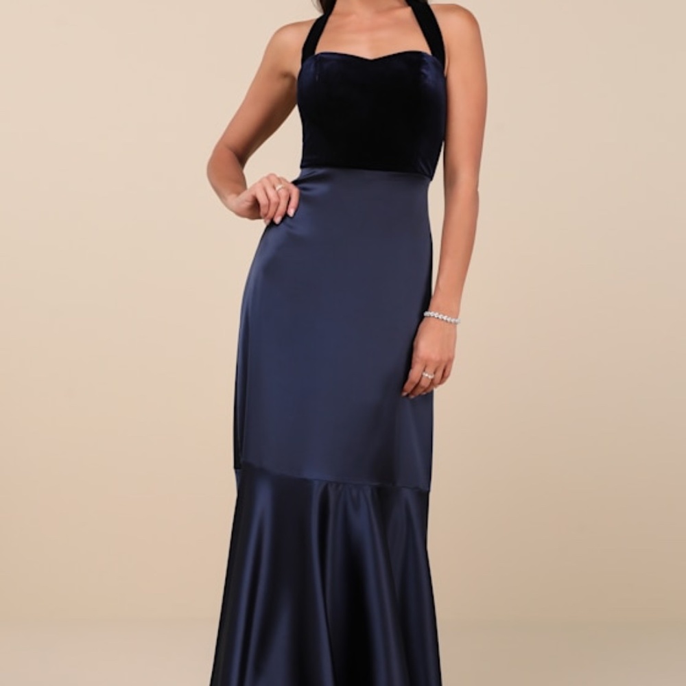 Lulus Mesmerizing Impression Navy Blue Mixed Media Halter Maxi Dress - Size L